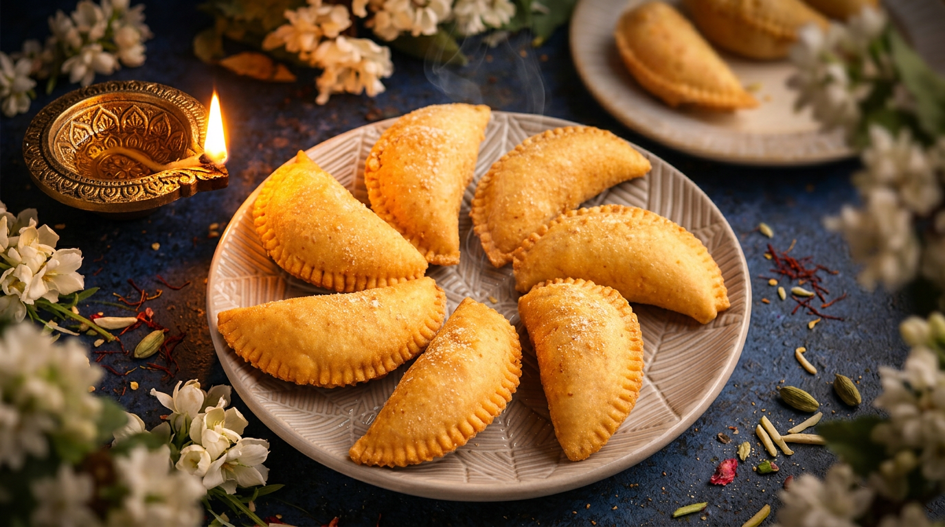Homemade Bihari Gujiya — crescent-shaped sweet dumplings made with khoya, suji and pure desi ghee